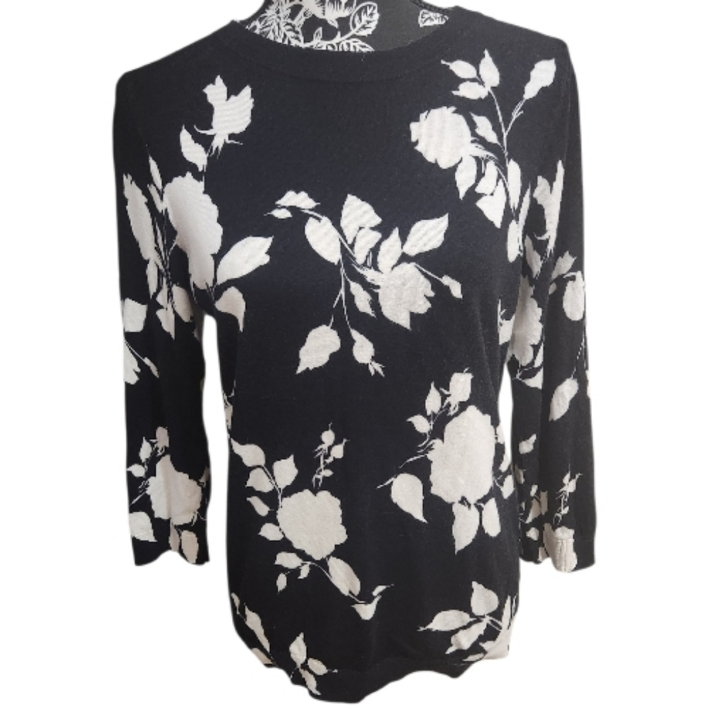 Talbots Black and Cream Floral Sweater
